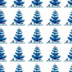 圣诞节水彩松树雪橇无缝的模式蓝色的颜色手画冷杉树背景壁纸点缀包装圣诞节礼物