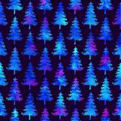 圣诞节水彩画冷杉树无缝的模式白色颜色黑暗蓝色的背景手绘云杉松树壁纸点缀包装圣诞节装饰