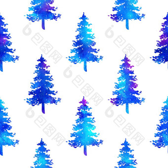 圣诞节水彩画冷杉树无缝的模式蓝色的颜色白色背景手绘水彩云杉松树壁纸点缀包装圣诞节装饰