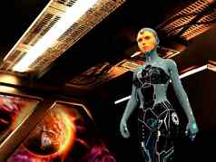Cyborg脸真正的年轻的女人星际飞船概念上的未来主义的仿生学人工情报