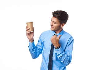 商人沟通电话杯咖啡光背景