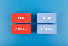 市场营销红色的海洋蓝色的海洋业务策略概念平躺关闭文本蓝色的红色的矩形蓝色的背景