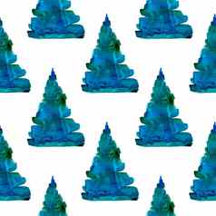 圣诞节水彩松树无缝的模式蓝色的颜色手画冷杉树背景壁纸点缀包装圣诞节礼物