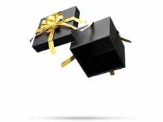 黑色的礼物盒子黄金丝带呈现集白色背景剪裁路径
