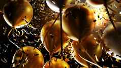 黄金银气球箔五彩纸屑下降黑色的背景渲染