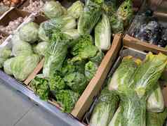 关闭卷心菜纸板盒子超市计数器概念农业有机食物健康的吃饮食