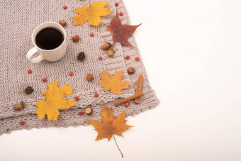 秋天平躺枫木叶子橡子杯黑色的咖啡灰色的毯子复制空间