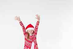 可爱的有趣的圣诞老人的助手跳舞白色背景圣诞节假期概念一年庆祝活动有趣的婴儿圣诞老人美丽的女孩穿红色的圣诞老人他庆祝圣诞节一天有趣的