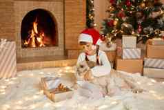 可爱的女孩圣诞老人他拥抱狗背景美丽的圣诞节树灯壁炉节日房间温暖的大气时刻女孩子礼物