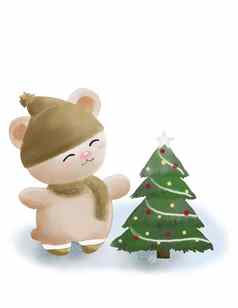 快乐冬天熊插图圣诞节树明信片