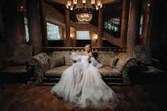 美丽的新娘坐着豪华的沙发美丽的模型女孩白色婚礼衣服女肖像不错的夫人女人头发
