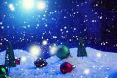 圣诞节背景圣诞节球雪枞树形晚上天空月亮浅深度场圣诞节背景仙女演讲宏人工魔法梦幻世界