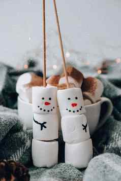 快乐有趣的棉花糖雪人棉花糖朋友Diy甜蜜的治疗孩子们有趣的棉花糖雪人圣诞节冬天假期装饰杯可可