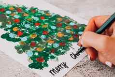 Diy使问候卡手工制作的工艺品假期孩子们油漆手指快乐圣诞节树一步一步快乐一年圣诞节树装饰