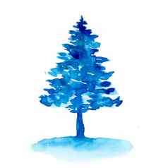 水彩冬天蓝色的圣诞节云杉树孤立的白色背景手绘画插图打印纹理壁纸元素美丽的水彩画艺术最小的风格