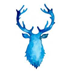 水彩轮廓鹿蓝色的颜色动物头绘画阉割过的雄鹿鹿角圣诞节插图孤立的白色背景装饰一年象征打印装饰模式驯鹿