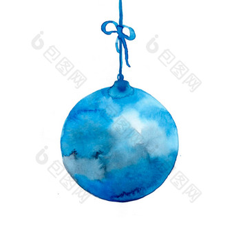 水彩摘要圣诞节球蓝色的颜色装饰<strong>元素松树</strong>问候卡冬天背景一年假期圆玩具艺术手画模式孤立的白色