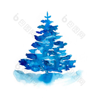 水彩冬天蓝色的圣诞节<strong>松树</strong>孤立的白色背景手绘画插图打印纹理壁纸<strong>元素</strong>美丽的水彩画艺术最小的风格