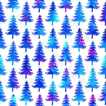 圣诞节水彩画冷杉树无缝的模式蓝色的颜色白色背景手绘水彩云杉松树壁纸点缀包装圣诞节装饰