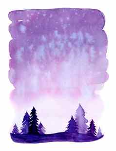 水彩圣诞节冬天景观雪树圣诞节松冷杉插图下雪打印纹理壁纸背景问候卡紫色的紫罗兰色的颜色水彩画