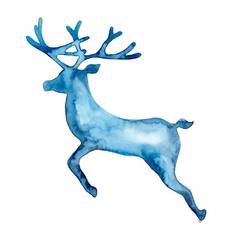 水彩完整的轮廓跳鹿蓝色的颜色动物绘画阉割过的雄鹿鹿角圣诞节插图孤立的白色背景装饰一年象征打印装饰驯鹿