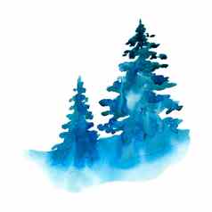 水彩冬天雪森林孤立的白色背景treescape松冷杉插图景观打印纹理壁纸问候卡蓝色的绿色颜色美丽的水彩画