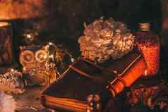 神秘的万圣节场景巫术练习仪式蜡烛童话仙女主题宝石花爱魔法白色魔法