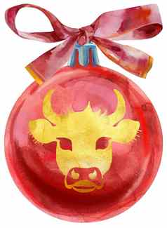 水彩红色的圣诞节球弓孤立的白色背景球轮廓牛