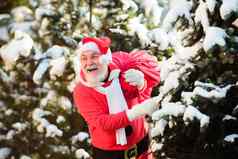 快乐兴奋圣诞老人老人袋圣诞节礼物未来冬天森林雪景观