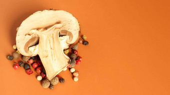 棕色（的）皇家食用香草黄色的背景混合物辣椒蘑菇像味道porcini蘑菇明显蘑菇味道气味复制空间