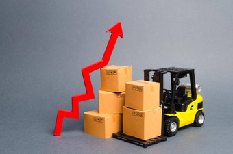 黄色的叉车卡车纸板盒子红色的箭头增加消费者<strong>需求</strong>增长率生产货物<strong>产品</strong>提高经济指标出口进口销售上升