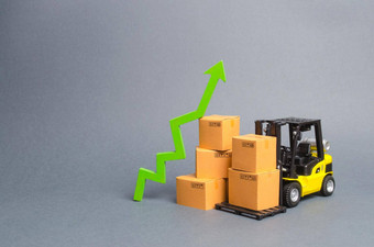 黄色的叉车卡车纸板盒子绿色箭头增长率生产货物<strong>产品</strong>提高经济指标增加消费者<strong>需求</strong>出口进口销售上升