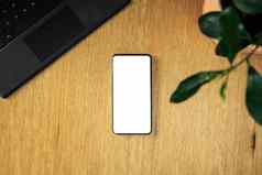 木officw表格智能手机孤立的白色复制空间电脑绿色时尚的房子植物前视图现代设计