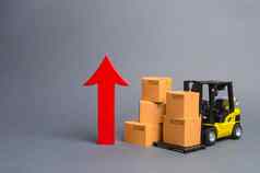 黄色的叉车卡车纸板盒子大红色的箭头增加贸易国家受欢迎程度国家货物经济增长增长率生产货物产品