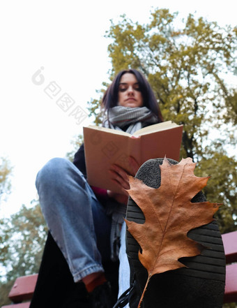 年轻的女人牛仔裤外套围巾公园板凳上女人读取书在户外特写镜头底视图概念荣誉休闲