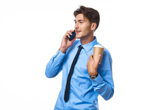 男人。衬衫领带沟通电话杯咖啡官方