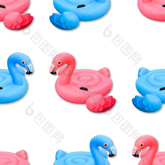 蓝色的粉红色的火烈鸟孤立的背景游泳池玩具形状蓝色的粉红色的火烈鸟无缝的模式火烈鸟充气减少前视图平躺