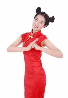 女人穿红色的旗袍手势祝贺概念快乐中国人一年孤立的白色背景