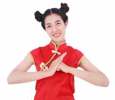 女人穿红色的旗袍手势祝贺概念快乐中国人一年孤立的白色背景
