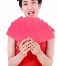快乐中国人一年红色的信封手女人孤立的白色背景