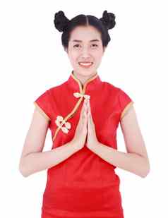 女人穿红色的旗袍支付尊重概念快乐中国人一年孤立的白色背景
