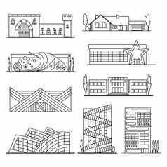 集黑色的行风格图标外观商店商店首页办公室草图大纲小镇商业体系结构现代建筑城市轮廓孤立的符号JPEG