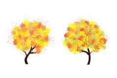 秋天程式化的树形成的屁股水彩色彩斑斓的油漆飞溅树摘要刷叶子生态设计风格符号集JPEG插图