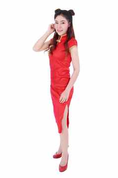 女人穿红色的旗袍概念快乐中国人一年孤立的白色背景
