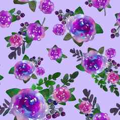 浪漫的花无缝的模式玫瑰花叶打印纺织壁纸没完没了的手绘水彩元素美花束粉红色的紫罗兰色的绿色蓝色的背景
