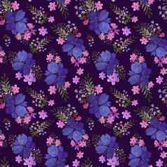 浪漫的花无缝的模式花叶打印纺织壁纸没完没了的手绘水彩元素美花束粉红色的蓝色的绿色粉红色的黑暗背景