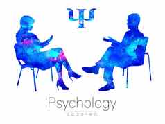 心理学家客户端心理治疗《惊魂记》治疗会话心理咨询男人。女人会说话的坐着轮廓蓝色的配置文件现代象征标志设计概念标志