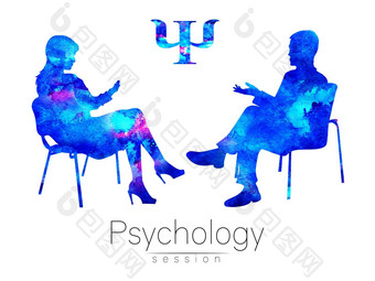 心理学家客户端心理治疗《惊魂记》治疗会话心理咨询男人。女人会说话的坐着轮廓蓝色的配置文件现代象征标志设计概念标志