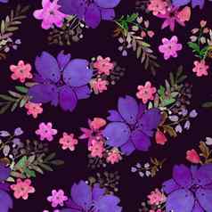 浪漫的花无缝的模式花叶打印纺织壁纸没完没了的手绘水彩元素美花束粉红色的紫罗兰色的绿色粉红色的黑暗背景