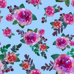 浪漫的花无缝的模式玫瑰花叶打印纺织壁纸没完没了的手绘水彩元素美花束粉红色的红色的绿色蓝色的背景